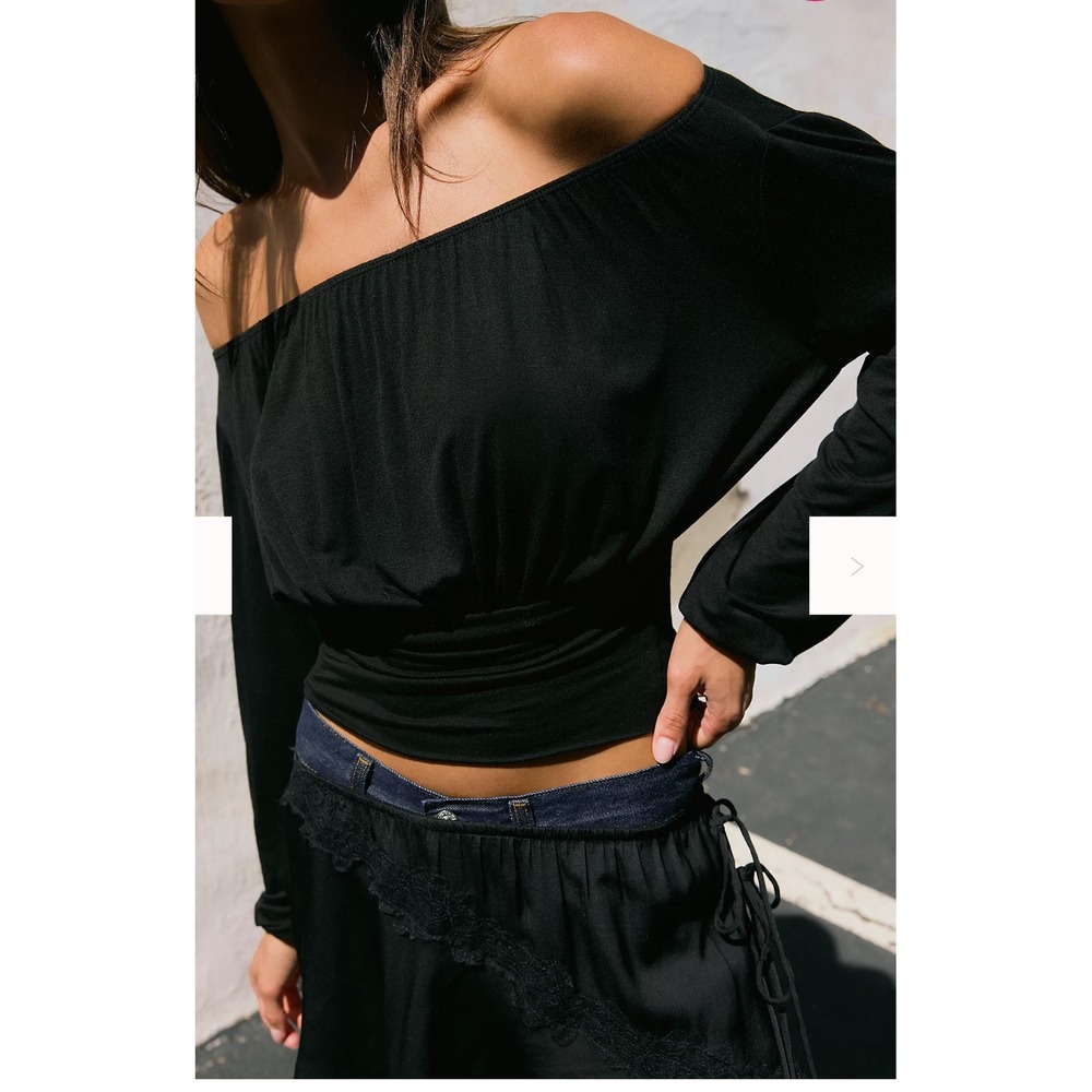 Free Est Free People Daphne Black Off On Shoulder Ruched Long Sleeve Crop Top M